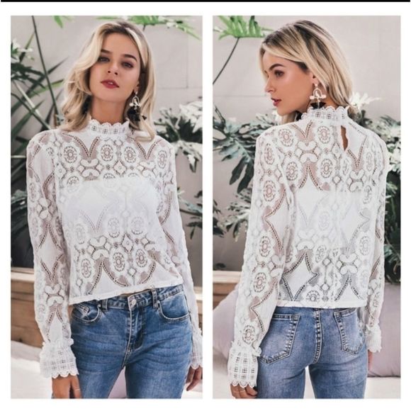Restocking White Lace High Neck Long Sleeve Shirt - Picture 6 of 11